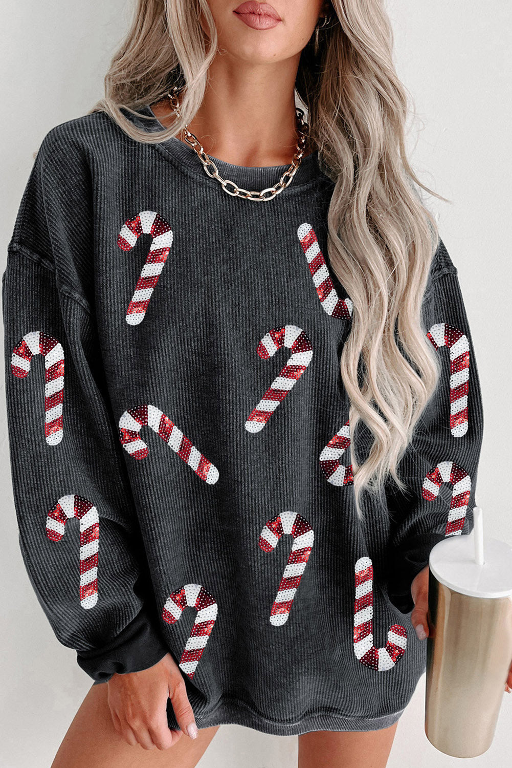 Oversized Candy Cane Lane Sequin Sweatshirt